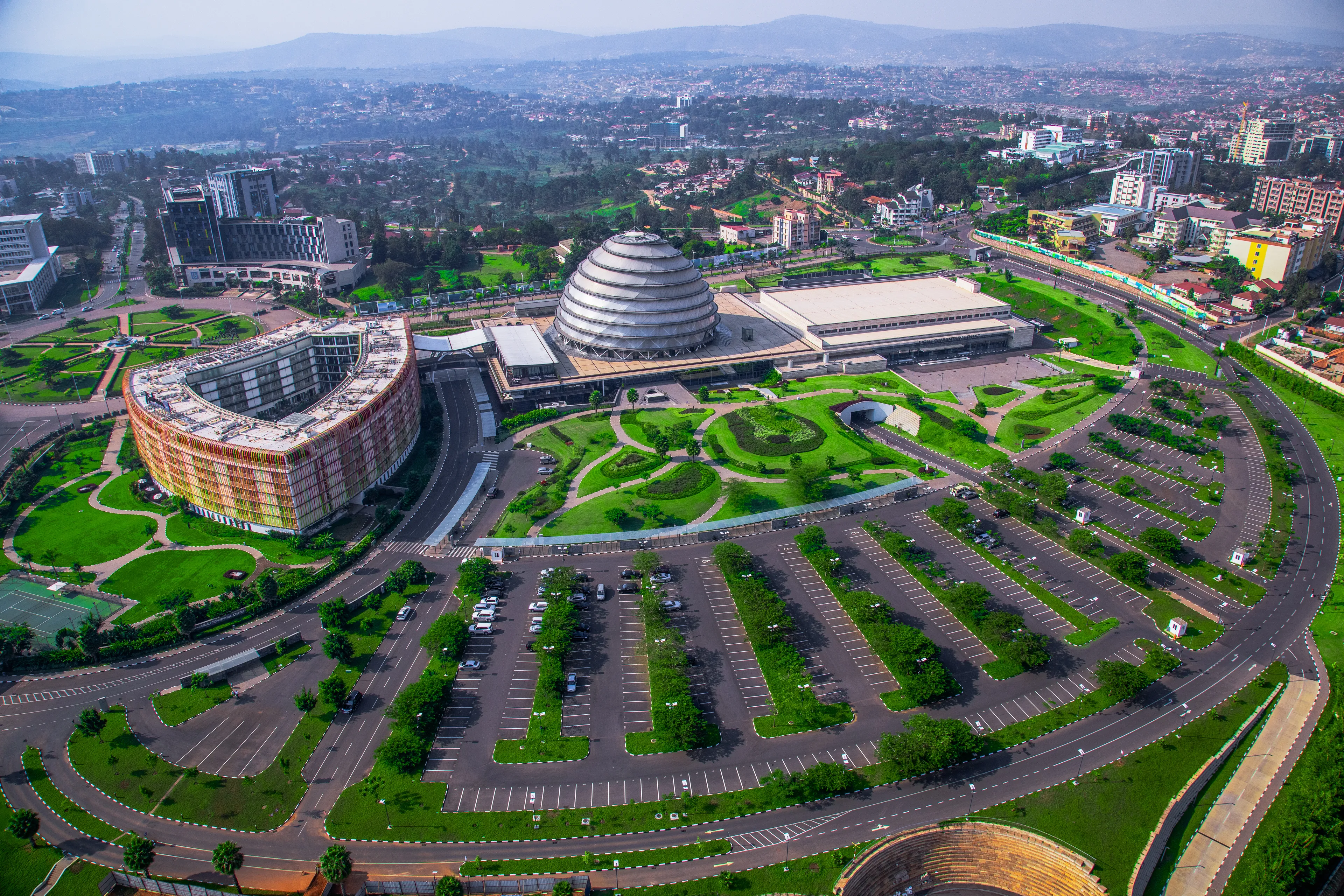 Aerial view of the domed Kigali Convention Centre and its grounds