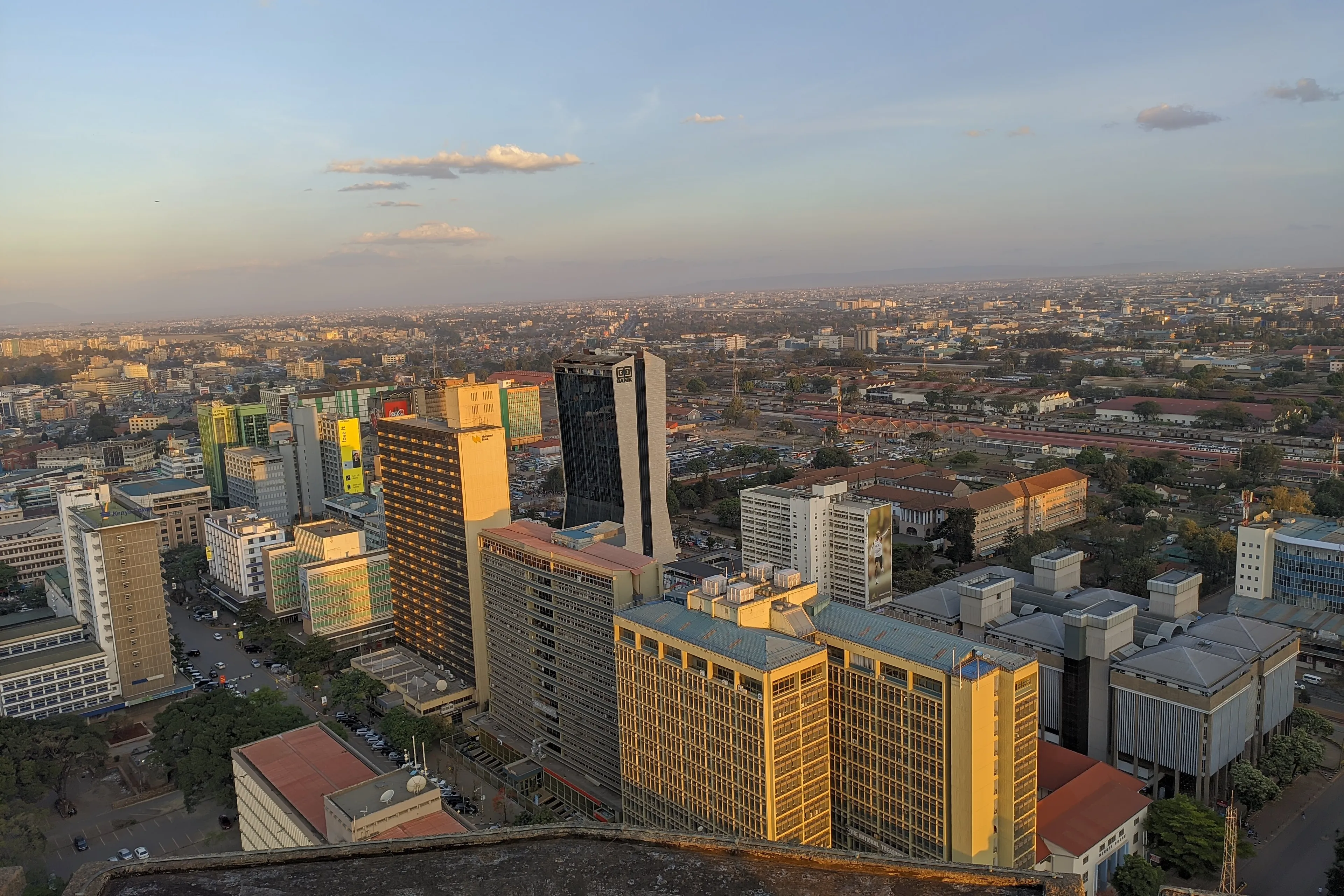 Nairobi's central business district seen from the KICC rooftop at golden hour